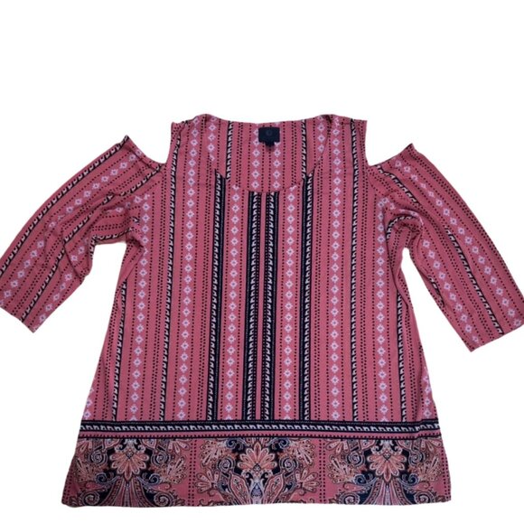JM Collection Mixed Print Shoulder Crepe 3/4 sleeves  coral Top Size M - Picture 2 of 3